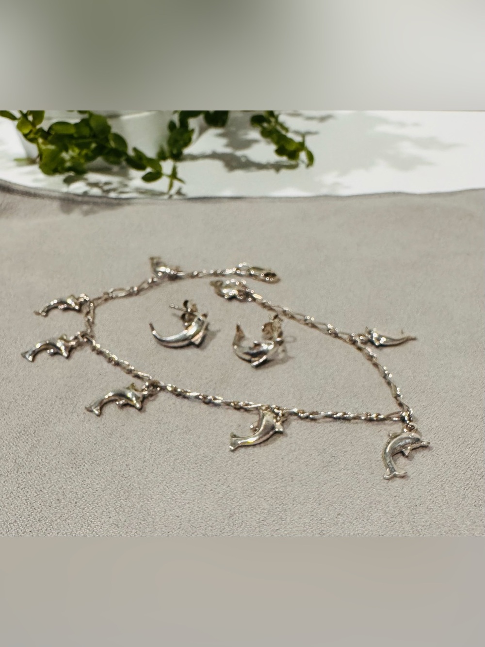 Dolphin Bracelet & Earrings Silver Tone Set